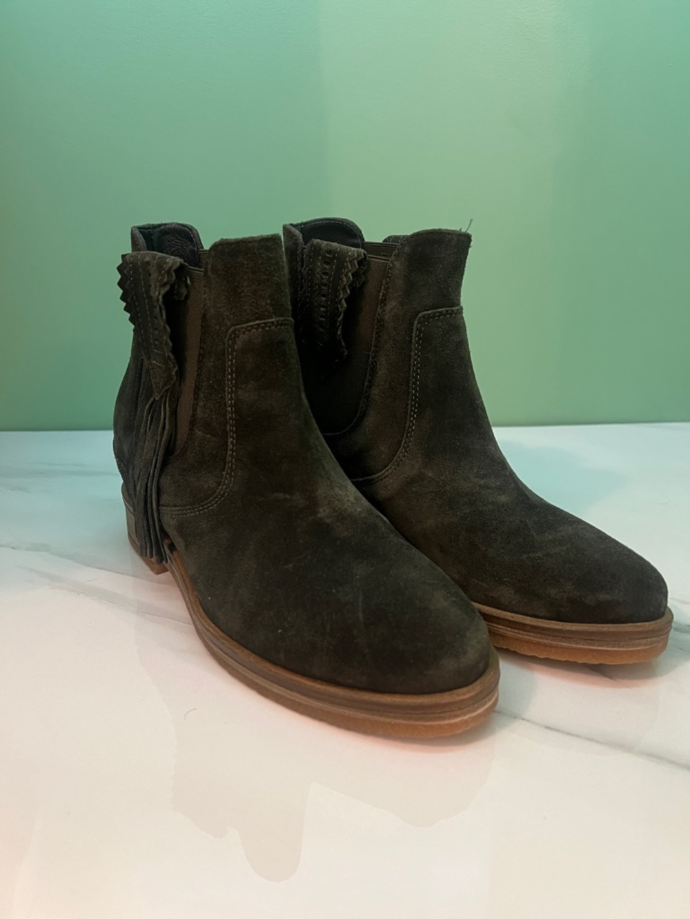 kanna Dark Greenish Brown Suede Fringe Chelsea Booties